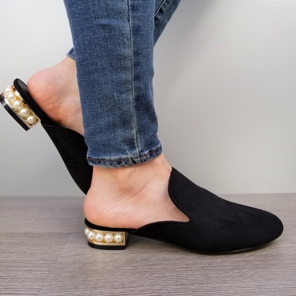 Suede Slip On Loafer Mule Pearl Accents on Heel -B - Picture 4 of 7